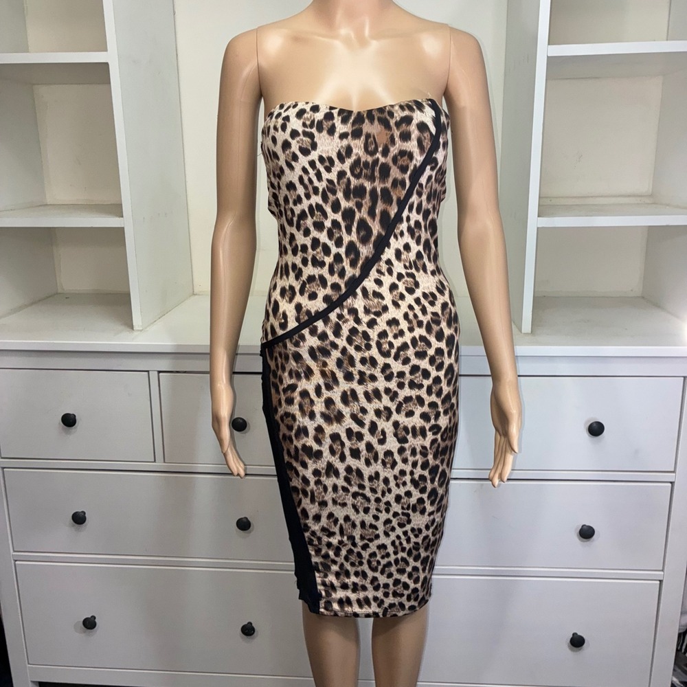SYMPHONY Leopard Print Strapless Bodycon Sheath Dress Black Trim Mesh Side